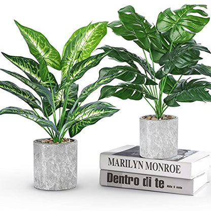 Der Rose 2 Pack 16" Fake Plants Artificial Monstera for Home Decor | Medium potted faux plants with taro and monstera leaves,easy to shape，desk shelf countertop and home accent