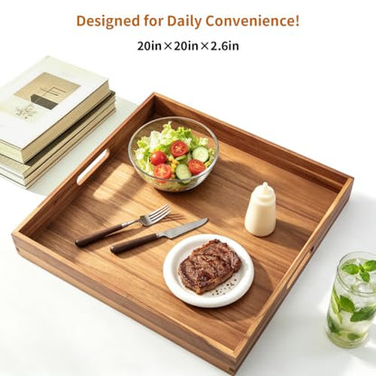 Large Wooden Serving Tray for Ottoman Wooden Ottoman Tray 20INCH Acacia Square Tray with Handles Wooden Coffee Table Tray Multi-Use for Dinner Breakfast Snack & Entertaining Guests