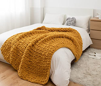 Chunky Knit Blanket Soft Chenille Yarn Knitted Throw Blanket 50"X60" Handmade Cable Warm Thick Giant Blanket for Couch Bed Trips (Turmeric Yellow, Throw 50"X60")?-¡­ - color: Turmeric Yellow, size: Throw 50"X60"