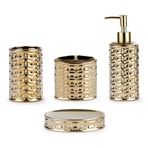 Gold Bathroom Accessory Set, 4-Piece Ceramic Bathroom Decorations Accessories Sets Includes Lotion Dispenser, Toothbrush Holder Tumbler and Soap Dish - color: Gold