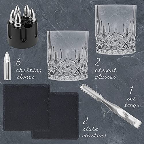 Whiskey Glasses and Stones in Unique Tactical Box Display | Bourbon Cocktail Cups, Coasters and Tongs | Gifts for Men | Glass Set