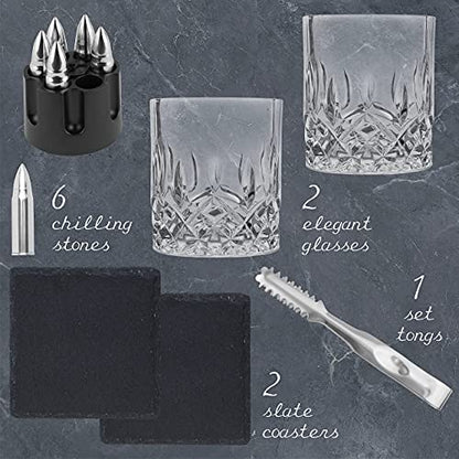 Whiskey Glasses and Stones in Unique Tactical Box Display | Bourbon Cocktail Cups, Coasters and Tongs | Gifts for Men | Glass Set