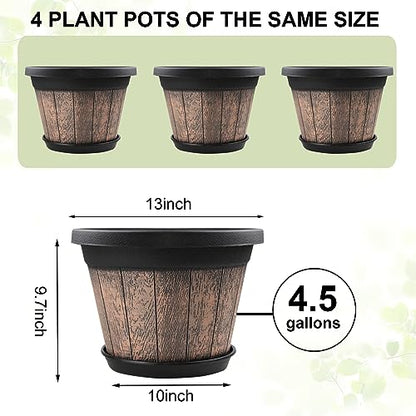 Quarut Large Plastic Plant Pots Set of 4 Pack13 inch,Whiskey Barrel Planters with Drainage Holes & Saucer.Flower Pots Imitation Wine Barrel Design for Indoor & Outdoor Garden Balcony Plants (Brown) - size: 13 inches