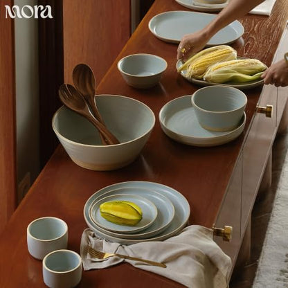 Mora Medium Dishes Set of 4, 35oz Ceramic Pottery Pasta Plate/Wide Bowls - Microwave, Oven and Dishwasher Safe - Mist - color: Mist