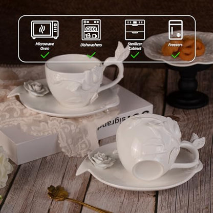 KAMMAK Tea Cups and Saucers Set of 2, 8.5 oz Porcelain Coffee Cups, 566N | Stackable Espresso Mugs, Ceramic Demitasse for Coffee, Cappuccino, Latte, Americano, Tea - size: 7KPSP566N