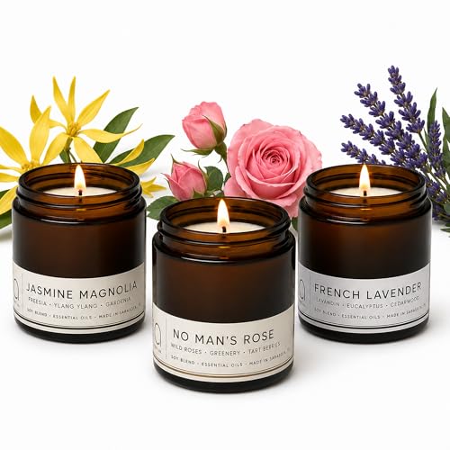 Floral Soy Candle Set - 3 Jasmine Scented Candles | 3.5 oz Each, 10.5 oz Total, Brown Glass Jars, Gold Tone Lids, Paraben Free, Phthalate Free, Aromatherapy Use