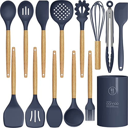 oannao Silicone Cooking Utensils Set - 446°F Heat Resistant Silicone Kitchen Utensils for Cooking,Kitchen Utensil Spatula Set w Wooden Handles, BPA FREE Gadgets for Non-Stick Cookware (Navy Blue) - color: Navy Blue