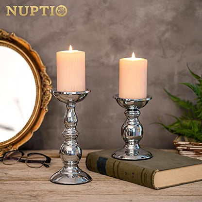 Nuptio Pillar Candle Holders Metal Candle Holder Ideal for 3 inches Candles, Silver Candle Holder for Living Room, Gardens, Spa, Aromatherapy, Incense Cones, Wedding, Party, 2 Pcs | (S + L) Metal Candle Holder for Living Room Gardens Spa Aromatherapy Ince