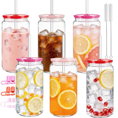 Mason Jar Cups with Lids and Straws, 16 oz Reusable Plastic Tumblers for Whisky, Soda, Tea, Juice, Beer, Coffee, Milk Tea, Gifts, 6 Pack (Clear Pink, Red, Rose) - color: Clear Pink, Red, Rose
