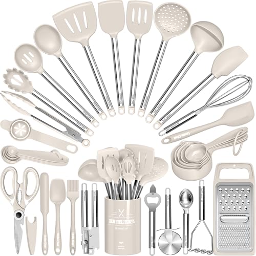 Kitchen Utensils Set-Umite Chef 34 Pcs Silicone Cooking Utensils Set for Nonstick Cookware-Silicone Spatulas Set, Stainless Steel Handle-Khaki Kitchen Gadgets Tools, Pots and Pans Accessories - color: Khaki