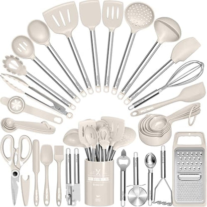 Kitchen Utensils Set-Umite Chef 34 Pcs Silicone Cooking Utensils Set for Nonstick Cookware-Silicone Spatulas Set, Stainless Steel Handle-Khaki Kitchen Gadgets Tools, Pots and Pans Accessories - color: Khaki