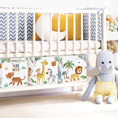 Clastyle 11.8" Animal Storage Basket Set of 3 for Kid Toy Clothes Bin | Collapsible Fabric Book Bin, Metal Frame Bottom Board, Cube Organizer, Closet Nursery Pantry Shelf Bedroom, Safari Lion - color: Lion Elephant
