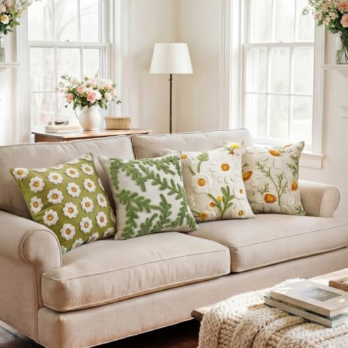 Fourluoo 4 Pcs Daisy Embroidered Throw Pillow Covers 18x18 Daisy Decorative Pillow Cover with Zipper Spring Floral Tufted Cushion Pillowcase for Bed Couch Sofa Living Room - style: Daisy