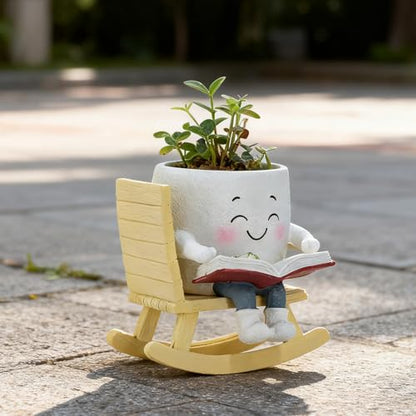 Smiley Face Planter Pot, Cute Resin Head Planter with Drainage Hole, Unique Rocking Chair Succulent Pot for Indoor Outdoor Plants, Funny Plant Lovers Gift for Mother's Day and Christmas (Side-Sitting) - size: 5.91x5.71x5.71"