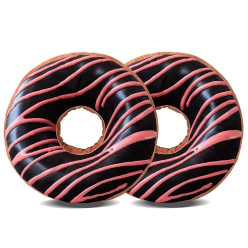 HYSEAS Round Throw Pillow 14 Inch Chocolate Pink Donut, 2 Pack 3D Digital Print, Decorative Plush Funny Food Shaped Seat Cushion, for Couch, Chair, Floor, Sofa - color: Chocolate/Pink--2 Pack