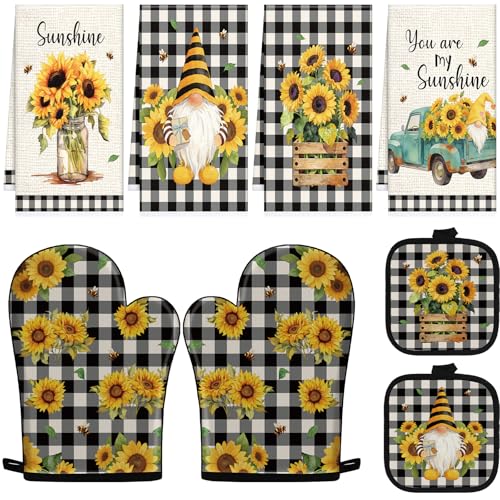 Sunflower Kitchen Decor Set, 8 PCS Oven Mitts Pot Holders and Hand Towels Accessories, Truck and Gnome Home Decorations Gift for Cooking Baking - color: Sunflower