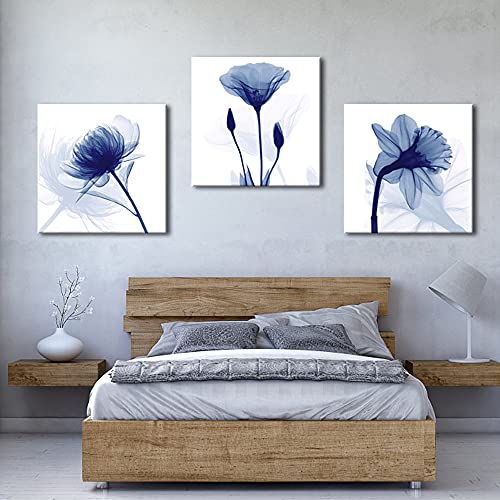 Wieco Art Blue Flowers 3 Panels Canvas Print Wall Art Modern Pictures Artwork for Living Room Bedroom and Home Decorations - size: 24x24inchx3pcs (Unframed)