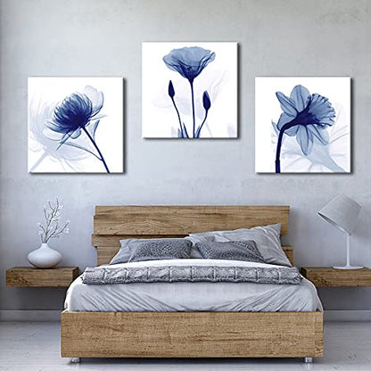 Wieco Art Blue Flowers 3 Panels Canvas Print Wall Art Modern Pictures Artwork for Living Room Bedroom and Home Decorations - size: 24x24inchx3pcs (Unframed)