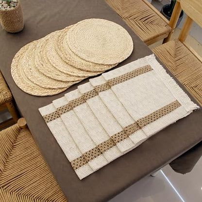 Boho Table Runner & 6-Piece Woven Placemats Set - Natural Cotton Burlap & Water Straw Combination, Bohemian Dining Decor for Kitchen & Parties