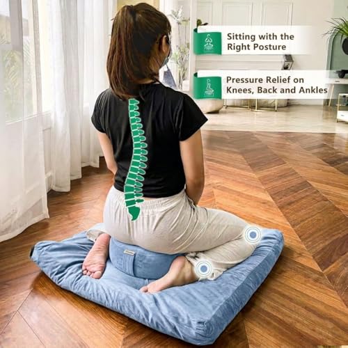 Hihealer Meditation Cushion, Traditional Tibetan Meditation Pillow Velvet Cover - Large Floor Cushion Seating for Adults - Yoga Buckwheat Bolster for Women、Moms - color: Restful Blue(set)