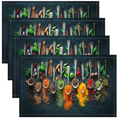 Retro Placemats Set of 4, 17x12 Inch Colorful Spices Spoons Natural Art Print Table Mats for Home Party Kitchen Dining Decor - color: Style-3, size: 4PCS