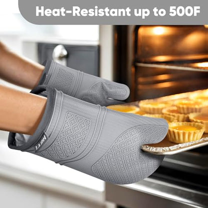 Silicone Oven Mitts, Heat Resistant Oven Gloves with Quilted Liner, Waterproof & Non-Slip Kitchen Mittens for Baking Cooking BBQ, 500°F, 12.5"-Light Gray - color: Light Gray