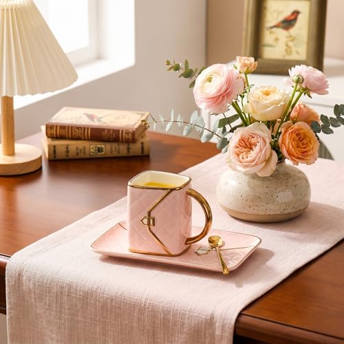 Zubebe 1 Set Coffee Mug Elegant Handbag Shaped Cup Modern Ceramic Purse Mug with Spoon and Saucer, 10oz Cute Creative Tea Cup for Woman Girls Gift (Pink) - color: Pink