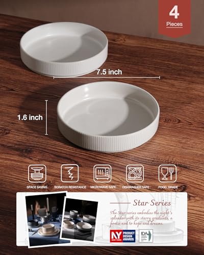 famiware Star 7.5" Pasta Bowls Set of 4, Plate Bowls, Matte White | Double Reactive Glaze, Microwave & Dishwasher Safe, Lead-free and Cadmium-free, Stoneware Scratch Resistant, Kitchen Bowls - color: White - Full Glaze Matte, size: 4 Pcs