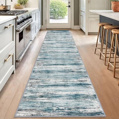 KOZYFLY Modern Abstract Hallway Runner Rug, 2.6x12 Washable Rug Runner Non-Slip Soft Striped Kitchen Runner Rugs, Print Blue Carpet Runner for Entryway Bathroom Laundry Room Foyer - color: Blue, size: 2'8" x 12' (Runner)