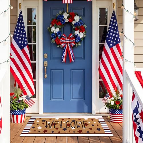 Tinideya 2 Pcs Long 4th of July Layered Outdoor Doormat Set, 250th Anniversary Patriotic Star Coir Welcome Mat with Red White Blue Stripe Rug for Independence Day Front Porch Entryway Home Decor - style: Star