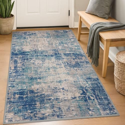 KILOCOCO Abstract Area Rug 3x5 Entryway Rug Washable Rugs, Blue/Grey/Beige | Non Slip Kitchen Rugs, Soft Front Door Rug, Machine Washable Rugs 3x5, Indoor Foyer Rug, Printed Living Room Floor Carpet - color: Blue/Grey/Beige, size: 3' x 5' (Rectangular)