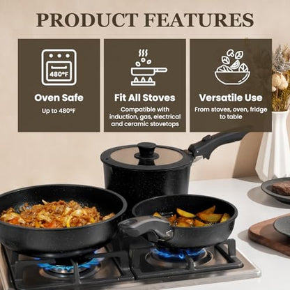 KIKCOIN Nonstick Pots and Pans Set 24 Pack - Kitchen Cookware Set with Detachable/Removable Handle - Cooking Pans Set with Frying Pans, Egg Pan - Stackable, Oven Safe, Induction Ready - color: Black, size: 7 inches