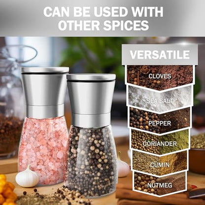 Home EC Original Stainless Steel Sea Salt and Pepper Grinder Set of 2 - Adjustable Ceramic - Glass Salt and Pepper Shakers - Kitchen Pepper Mill & Salt Mill W/Funnel & EBook - color: Clear Glass, size: 2pk