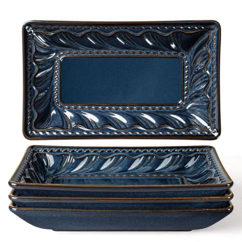 Appetizer Plates Set of 4, 8.25" Embossed Ceramic Rectangular Dessert Plates, Deep Lipped Edges, Microwave & Dishwasher Safe, Salad Sushi Snack Serving Plates (Blue, Willow Leaf) - color: Blue (Willow Leaf), size: 8.25 inch