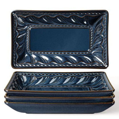 Appetizer Plates Set of 4, 8.25" Embossed Ceramic Rectangular Dessert Plates, Deep Lipped Edges, Microwave & Dishwasher Safe, Salad Sushi Snack Serving Plates (Blue, Willow Leaf) - color: Blue (Willow Leaf), size: 8.25 inch