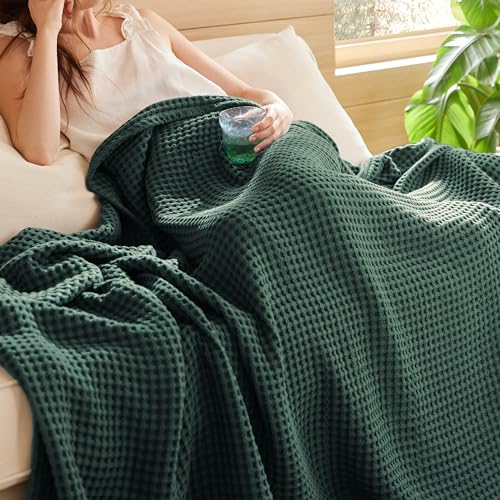 Bedsure Lightweight 100% Cotton Waffle Blanket, Throw XL, Dark Green | Summer, Breathable, Soft, Comfort, Light, Thin, Textured, Bed, Couch, Sofa, Chair, 50"x70", Sheet Blanket, Cozy Gifts - color: Dark Green, size: Throw Xl (50" X 70")