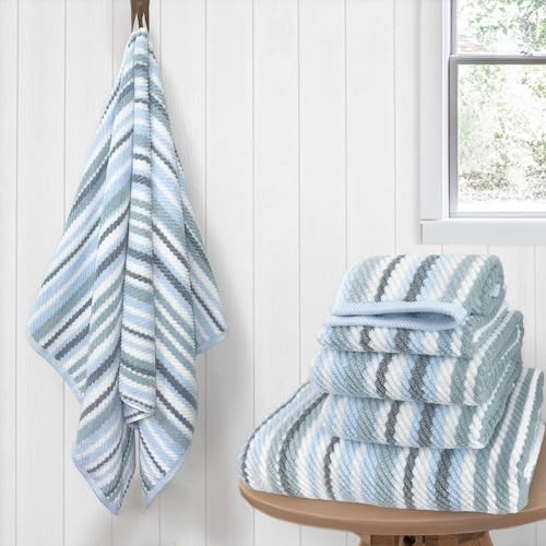 VOOVA & MOVAS Striped Towels 6 Pack, 100% Cotton, Blue | Perfect for Full Bathroom Decor, Available in 13x13, 16x27, 28x52 In, Quick Dry, Highly Absorbent - color: Gray + Blue Striped, size: 6 PCS Bathroom Towels