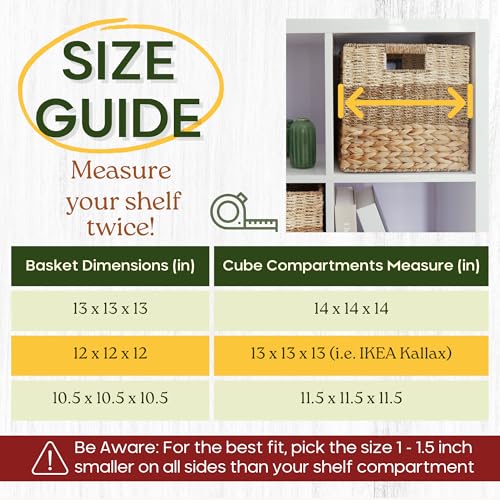 12x12 Baskets for Cube Storage, Wicker Cube Storage Bins Set 4 | 12x12x12 Storage Bins, Foldable Square Baskets For Cube Shelves, Kallax Woven Bins, Versatile Storage, Natural Water Hyacinth - size: 11.8 x 11.8 in
