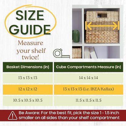 12x12 Baskets for Cube Storage, Wicker Cube Storage Bins Set 4 | 12x12x12 Storage Bins, Foldable Square Baskets For Cube Shelves, Kallax Woven Bins, Versatile Storage, Natural Water Hyacinth - size: 11.8 x 11.8 in