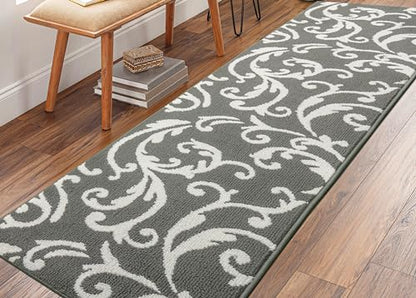 Hallway Runner Rug Non Slip Rubber Backing, 26 inch x 8 ft, Scroll, Grey & White, Heavy Duty Berber Style Carpet Runner for Entryway, Kitchen, Bathroom, Bedroom, Laundry Room. - color: Scroll Grey, size: 8 Foot Long Runner Rug