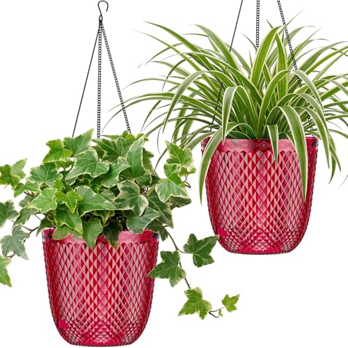 QCQHDU Hanging Planters for Indoor Plants, 2-Pack, 7.2 Inch, Red | Plastic, Self Watering Plant Hanger, with Drainage Holes, 3 Hooks Chains, For Garden Home - color: Red, size: 7.2in