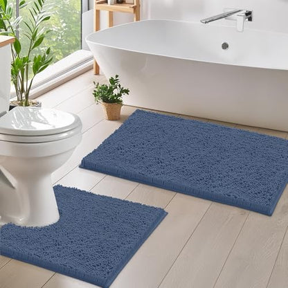 LuxUrux Bathroom Rugs Sets 2 Piece: Quick Dry, Soft Plush Anti-Slip, Super Absorbent. Includes Rectangular (31x20 inches) & U-Shaped Toilet Mat (20x20 inches) | Medium Blue - color: Medium Blue, size: 2 Piece Set
