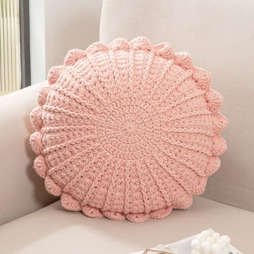 Knitted Throw Pillow Round Couch Pillow (Pink, 18inch) | Incloude insert Handmade Decorative Plush Pillow Cute Cushion - color: Pink