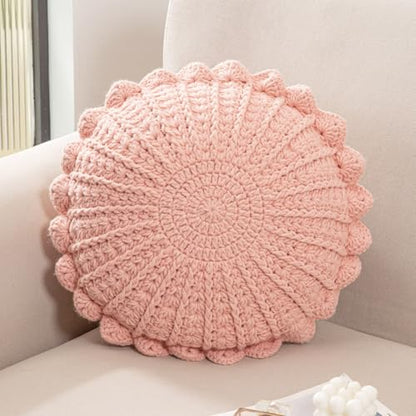 Knitted Throw Pillow Round Couch Pillow (Pink, 18inch) | Incloude insert Handmade Decorative Plush Pillow Cute Cushion - color: Pink