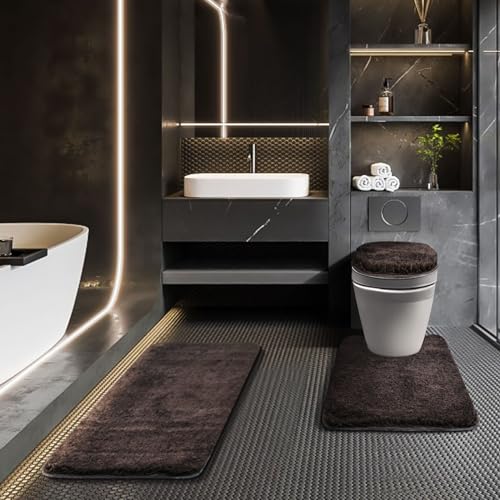 Bathroom Rugs Sets 3 Piece with Toilet Seat Cover 17.5"x 15" | Machine Washable Bath Rug Set with Tpr Non Slip Rubber Backing Solid Bath Mat Set for Luxury Bathroom Decoration - color: Brown, size: 17.5" x 15"+ 32" x 20"+ U 24" x 20"