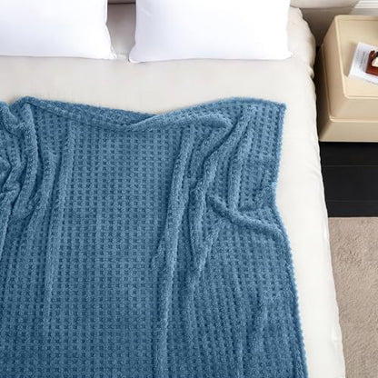 Soft Cozy Fuzzy Fleece Queen Size Blanket, Waffle Slate Blue, 90x90 Inches – Lightweight, Fluffy, and Warm 3D Jacquard All-Season Blanket for Bed, Couch, Sofa, Camping, and Travel - color: Waffle Slate Blue, size: Queen (90" x 90")