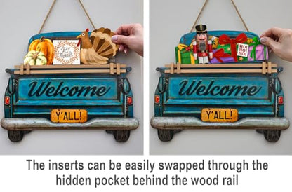 Interchangeable Welcome Sign for Front Door Blue Farmhouse Truck Decor Hanging Sign with 11 Interchangeable Seasonal and Holiday Decor Signs 12x14 in. (Blue Farmhouse Truck) - style: Farmhouse