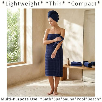 PÜSKÜL 2-Piece Natural 100% Turkish Cotton Waffle Bath Towels Extra-Large | Navy Blue, 32x63" Bath Sheet Towel, Light Soft Absorbent Quick-Dry Lint-Free Premium Honeycomb Weave Oeko-Tex Made in Turkiye - color: Navy Blue