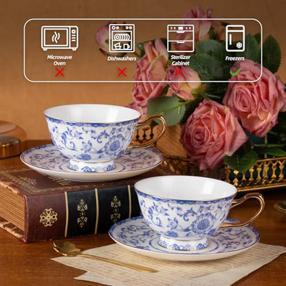 KAMMAK Tea Cups and Saucers Set of 2, Porcelain Coffee Cups, JBE023 | Stackable Espresso Mugs, Ceramic Demitasse for Coffee, Cappuccino, Latte, Americano, Tea - size: 8CZJBE023