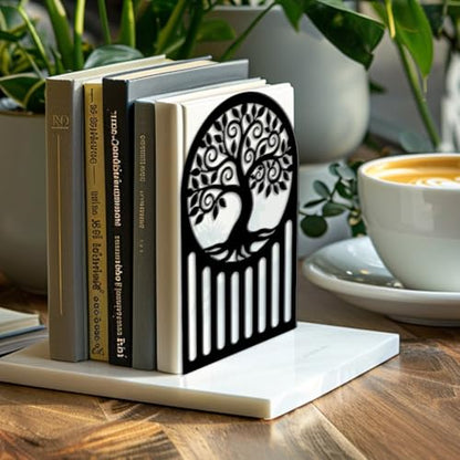 5.3"x4.3"x7.9" Metal Bookends, Heavy Duty Book Ends for Shelves | Tree Of Life Pattern Theme Cast Iron Book Supports, 1 Pair Decor Stoppers for Desk, Library, Office & Home Shelves - style: Tree Of Life Pattern